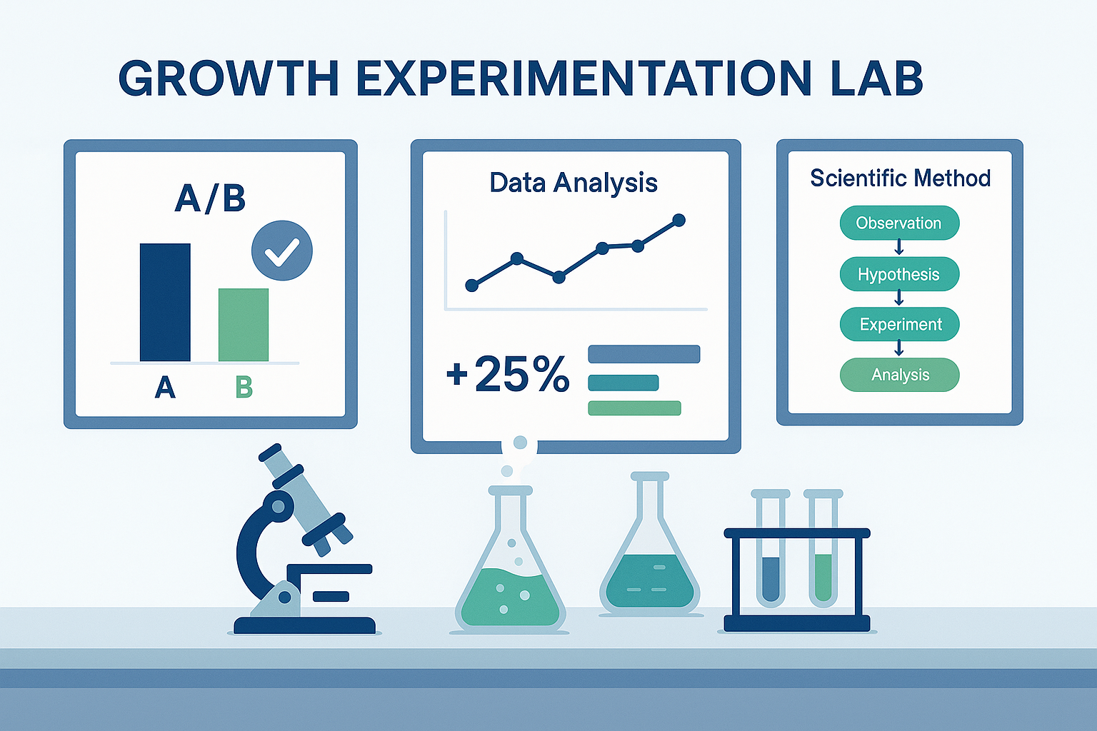 Growth experimentation lab interface displaying A/B testing methodology, scientific method flowchart, data analysis tools, and experimentation metrics